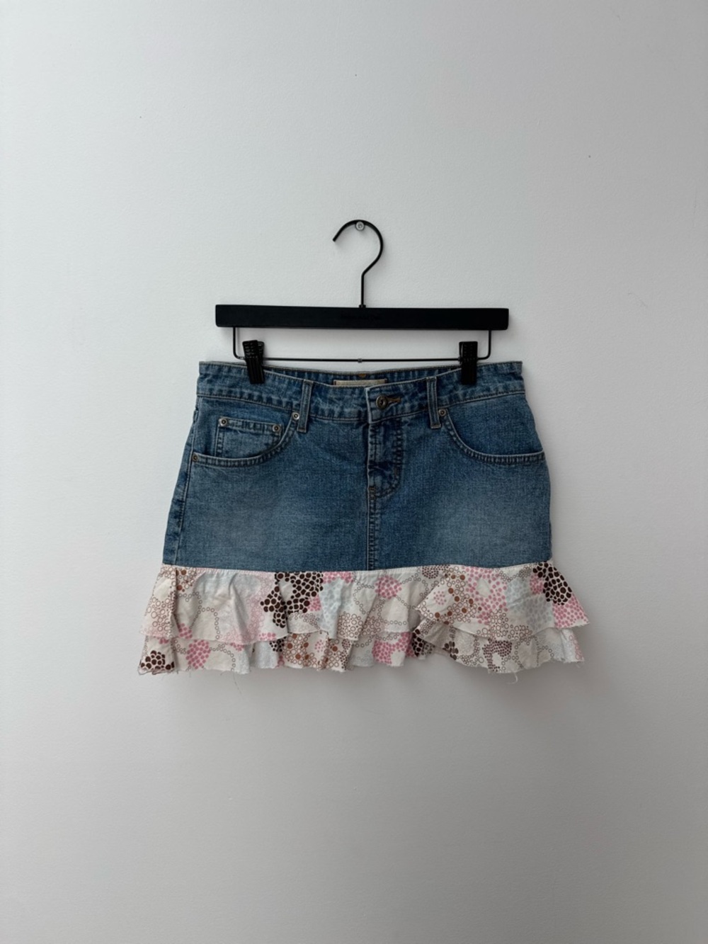 lei Blue Denim Mini Skirt with Pink & Brown Floral Ruffle